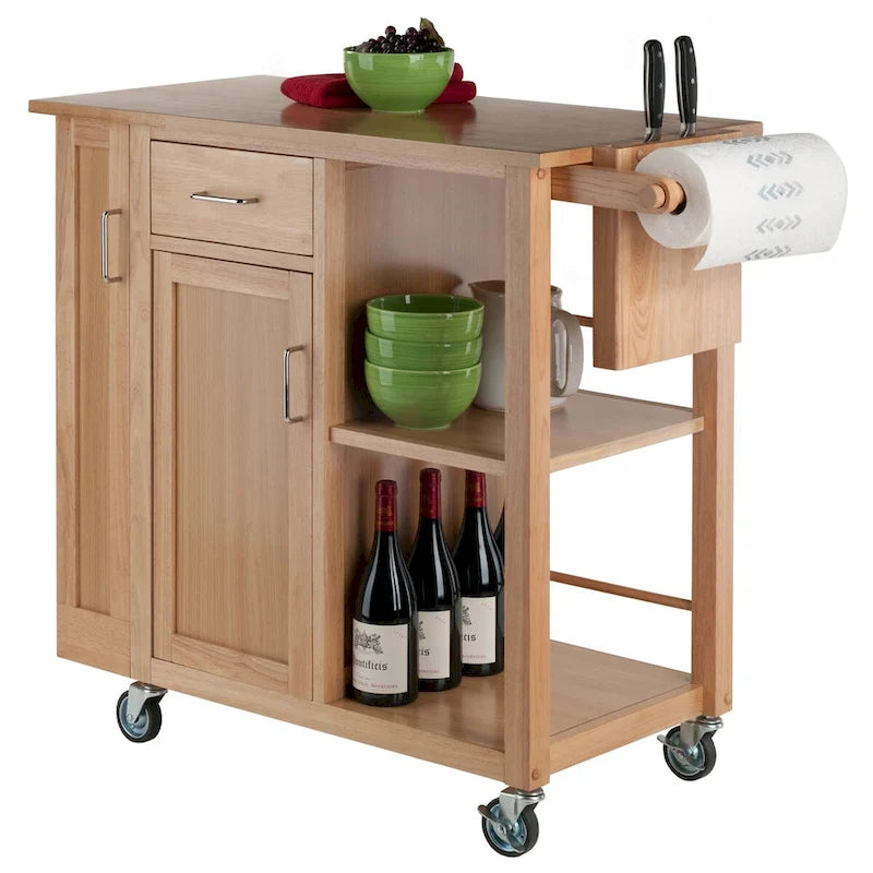 Chariot de cuisine roulant en bois naturel avec tiroir et étagères ouvertes