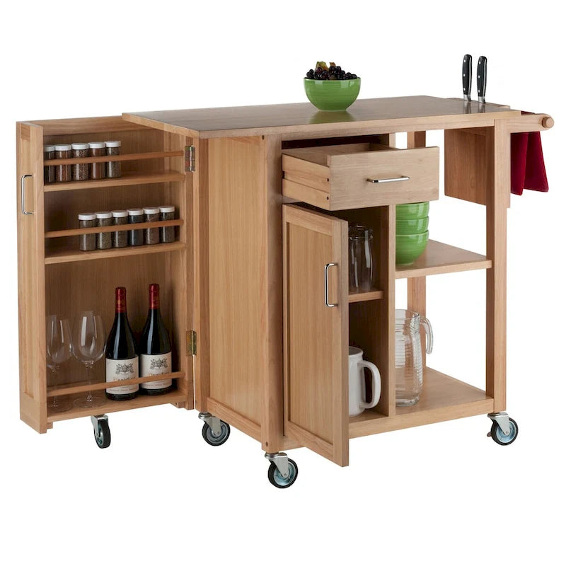 Chariot de cuisine roulant en bois naturel avec tiroir et étagères ouvertes