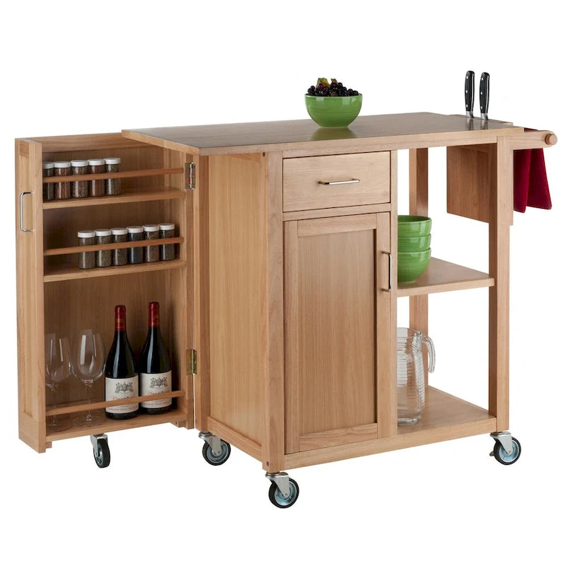 Chariot de cuisine roulant en bois naturel avec tiroir et étagères ouvertes