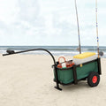Chariot de pêche de plage en acier noir et vert avec porte-cannes et roues pneumatiques