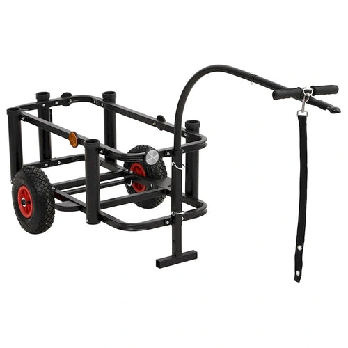 Chariot de pêche de plage en acier noir et vert avec porte-cannes et roues pneumatiques
