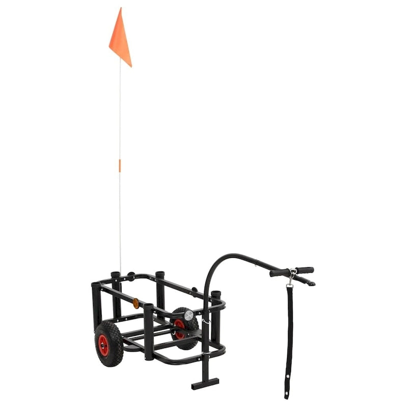 Chariot de pêche de plage en acier noir et vert avec porte-cannes et roues pneumatiques