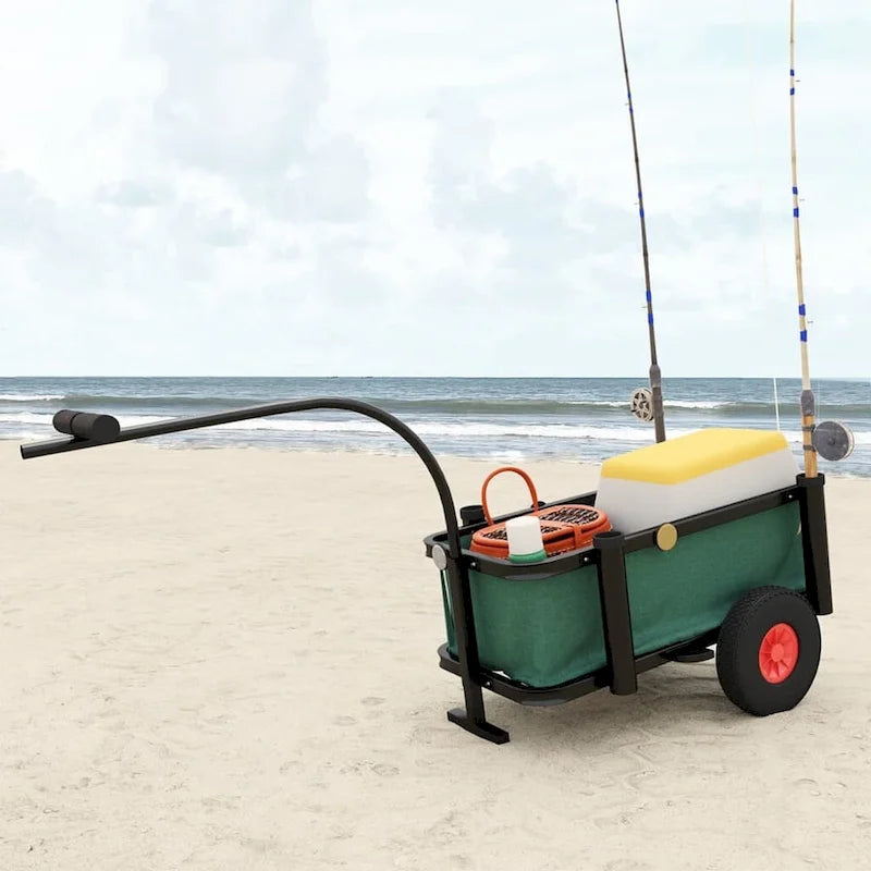Chariot de pêche de plage en acier noir et vert avec porte-cannes et roues pneumatiques