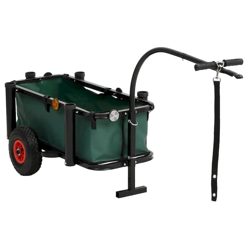 Chariot de pêche de plage en acier noir et vert avec porte-cannes et roues pneumatiques