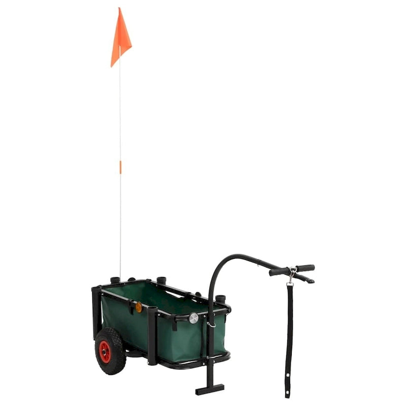 Chariot de pêche de plage en acier noir et vert avec porte-cannes et roues pneumatiques