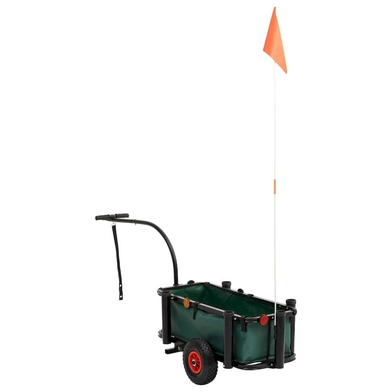 Chariot de pêche de plage en acier noir et vert avec porte-cannes et roues pneumatiques