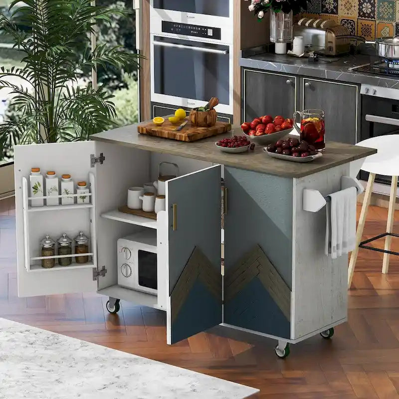 Îlot de cuisine rétro en bois avec abattant et rangement interne, Bleu marine