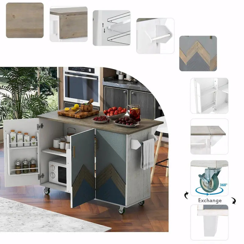 Îlot de cuisine rétro en bois avec abattant et rangement interne, Bleu marine