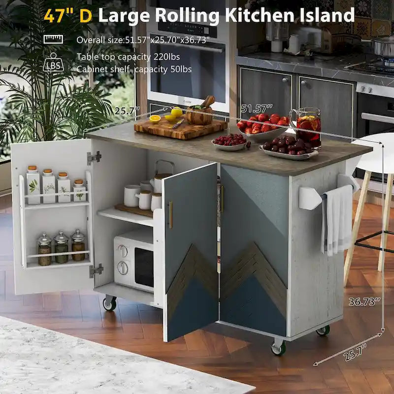 Îlot de cuisine rétro en bois avec abattant et rangement interne, Bleu marine