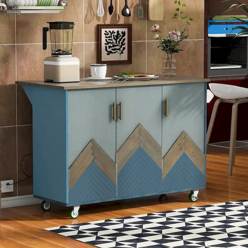Îlot de cuisine rétro en bois avec abattant et rangement interne, Bleu marine