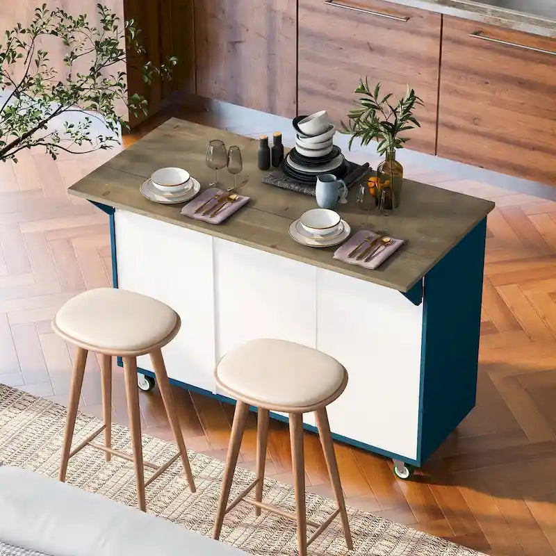 Îlot de cuisine rétro en bois avec abattant et rangement interne, Bleu marine
