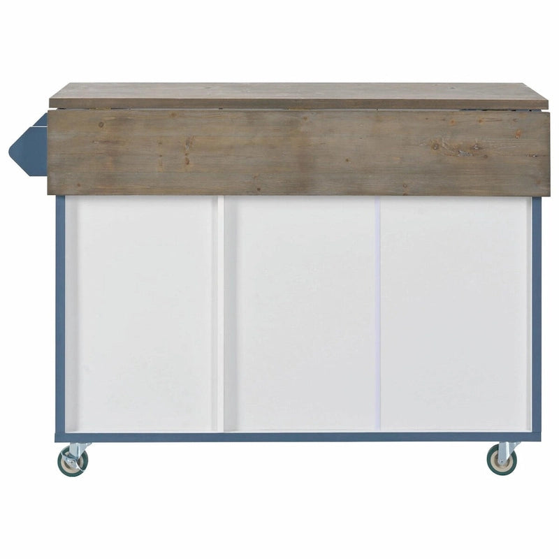 Îlot de cuisine rétro en bois avec abattant et rangement interne, Bleu marine