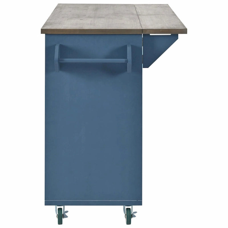 Îlot de cuisine rétro en bois avec abattant et rangement interne, Bleu marine