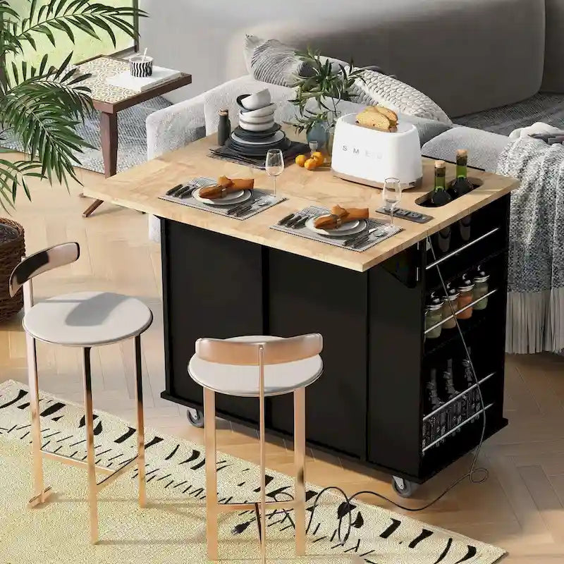 Desserte de cuisine roulante avec prise électrique, abattant et porte-verres, noire