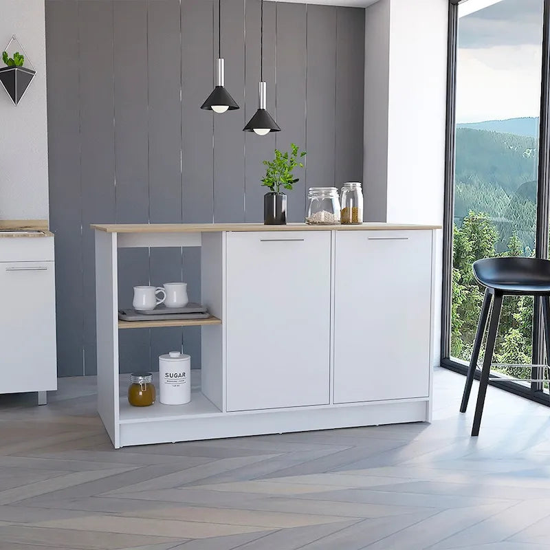 Îlot de cuisine autoportant avec étagères ouvertes, armoire à double porte, chêne clair blanc
