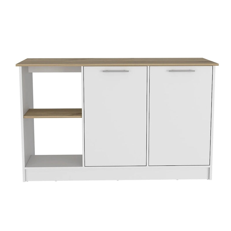 Îlot de cuisine autoportant avec étagères ouvertes, armoire à double porte, chêne clair blanc