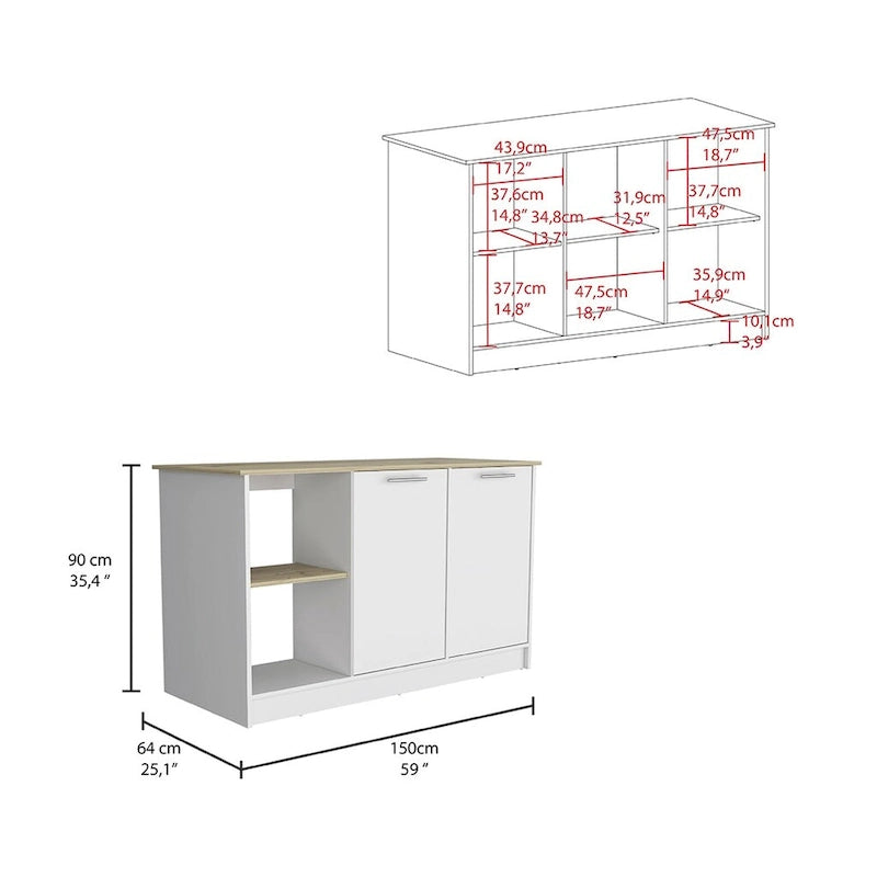 Îlot de cuisine autoportant avec étagères ouvertes, armoire à double porte, chêne clair blanc