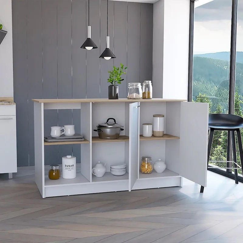 Îlot de cuisine autoportant avec étagères ouvertes, armoire à double porte, chêne clair blanc