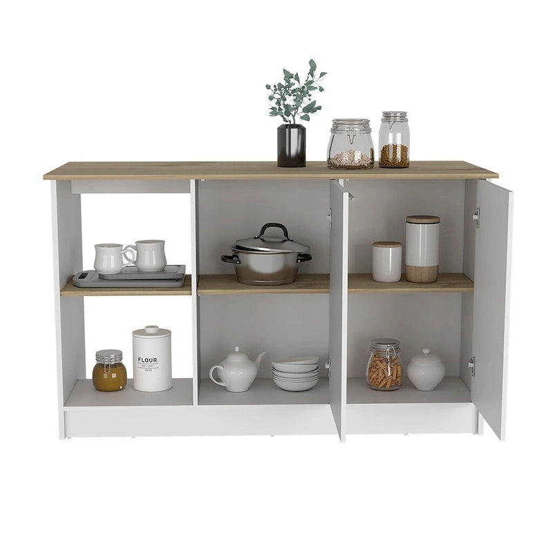 Îlot de cuisine autoportant avec étagères ouvertes, armoire à double porte, chêne clair blanc