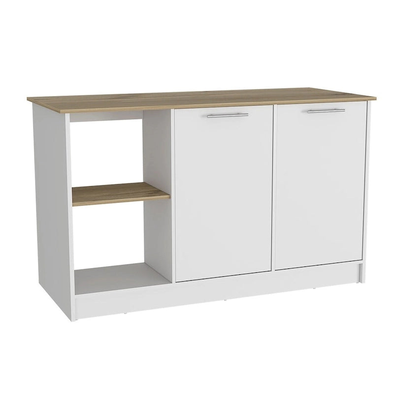 Îlot de cuisine autoportant avec étagères ouvertes, armoire à double porte, chêne clair blanc