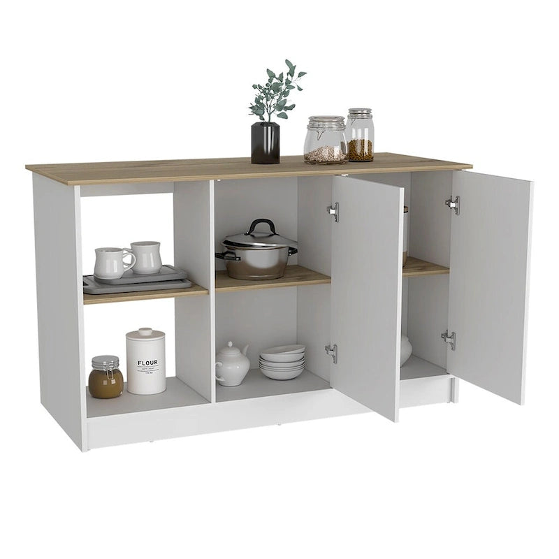 Îlot de cuisine autoportant avec étagères ouvertes, armoire à double porte, chêne clair blanc