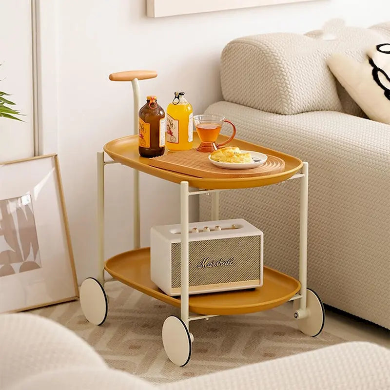 Chariot de service roulant à 2 niveaux en métal avec poignée en bois, plateaux ovales et 4 roulettes crème
