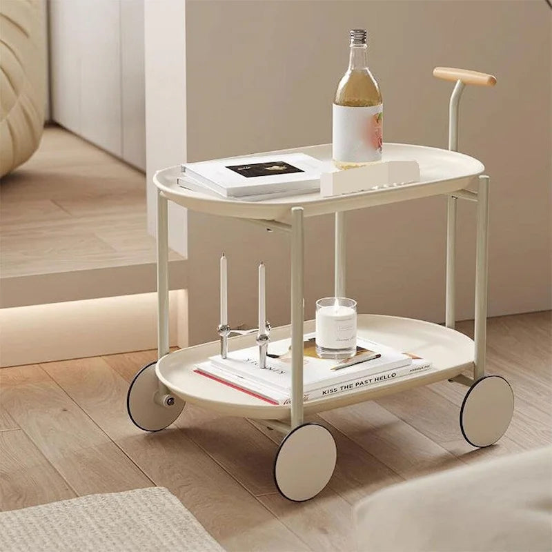 Chariot de service roulant à 2 niveaux en métal avec poignée en bois, plateaux ovales et 4 roulettes crème