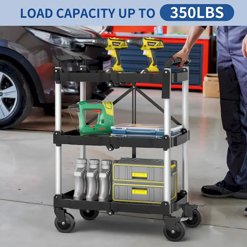 Chariot utilitaire pliable à 3 niveaux avec roues pivotantes Chariot de service roulant robuste