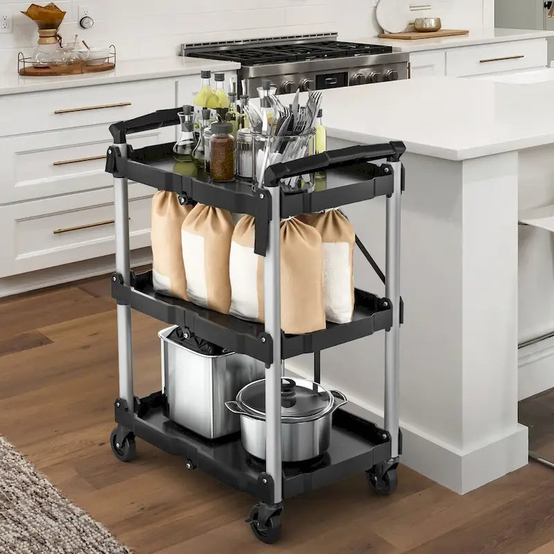 Chariot utilitaire pliable à 3 niveaux avec roues pivotantes Chariot de service roulant robuste