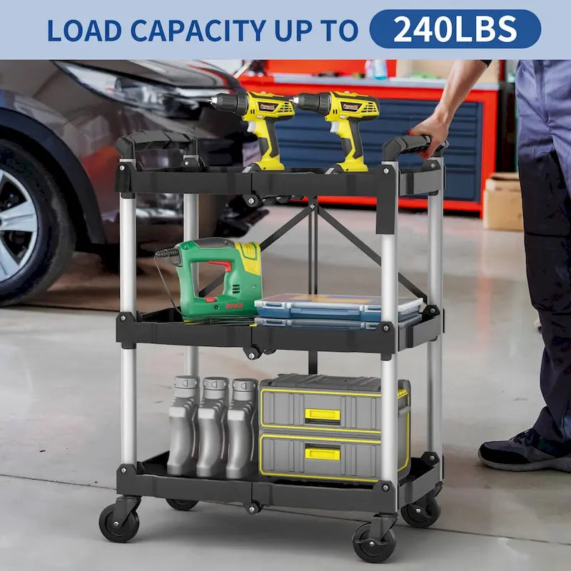 Chariot utilitaire pliable à 3 niveaux avec roues pivotantes Chariot de service roulant robuste
