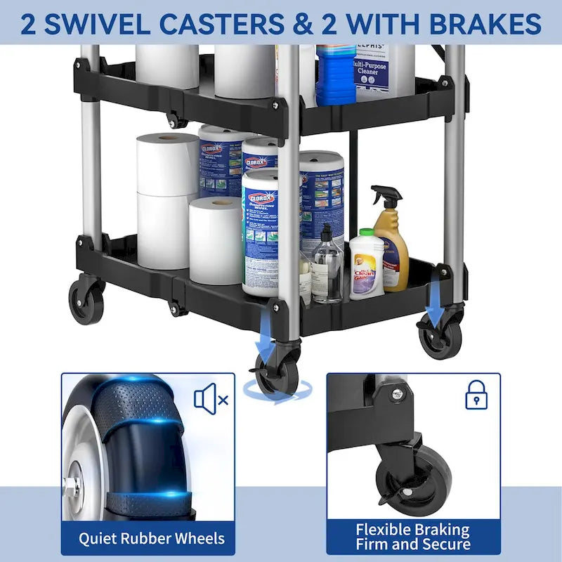 Chariot utilitaire pliable à 3 niveaux avec roues pivotantes Chariot de service roulant robuste