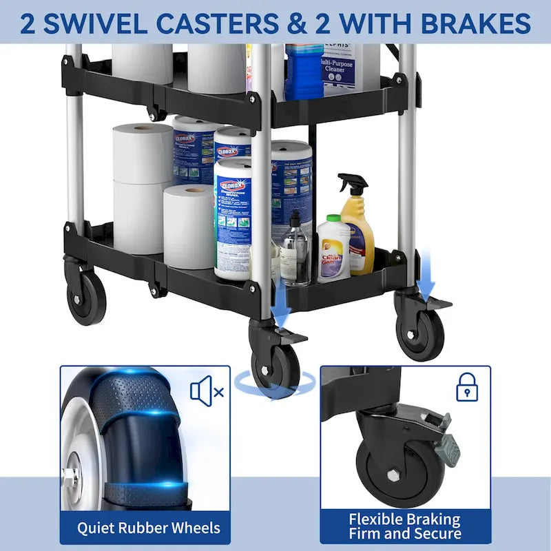 Chariot utilitaire pliable à 3 niveaux avec roues pivotantes Chariot de service roulant robuste