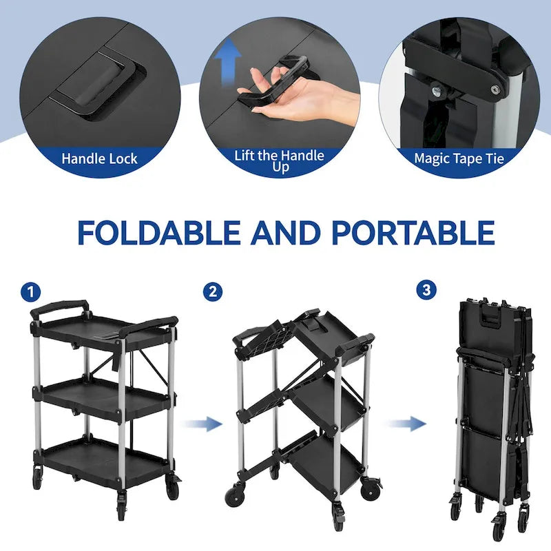 Chariot utilitaire pliable à 3 niveaux avec roues pivotantes Chariot de service roulant robuste