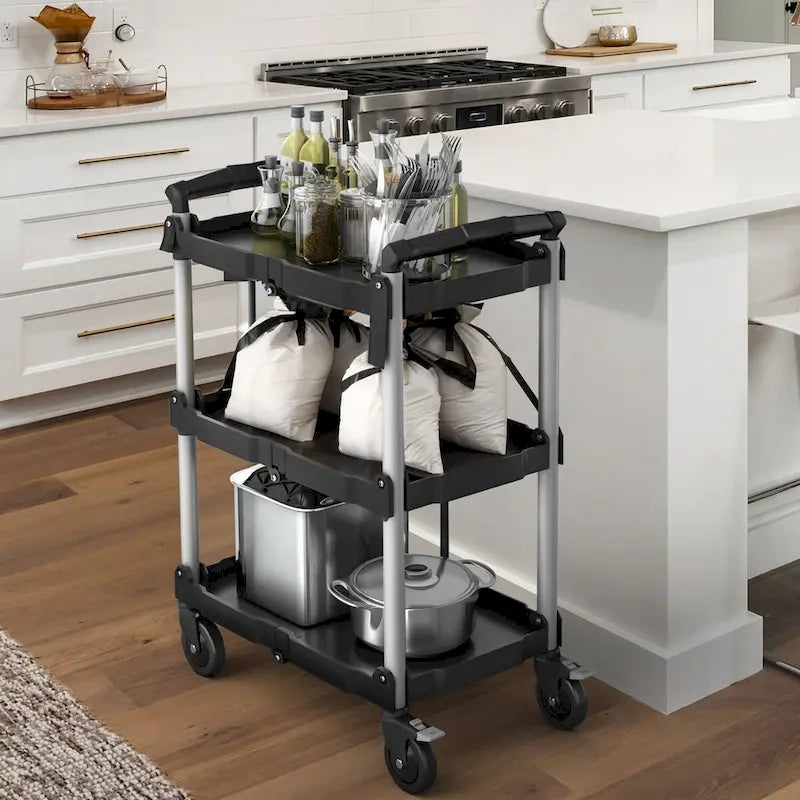 Chariot utilitaire pliable à 3 niveaux avec roues pivotantes Chariot de service roulant robuste