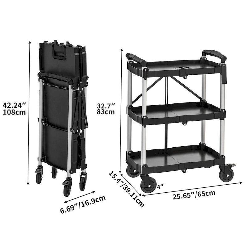 Chariot utilitaire pliable à 3 niveaux avec roues pivotantes Chariot de service roulant robuste