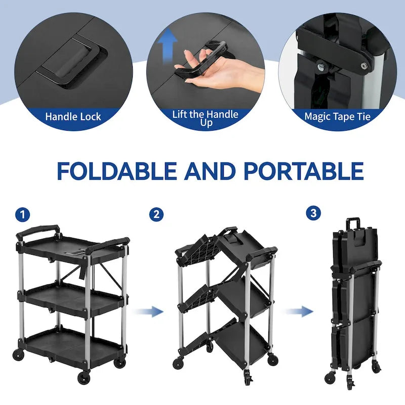 Chariot utilitaire pliable à 3 niveaux avec roues pivotantes Chariot de service roulant robuste