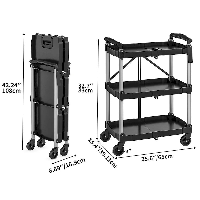 Chariot utilitaire pliable à 3 niveaux avec roues pivotantes Chariot de service roulant robuste