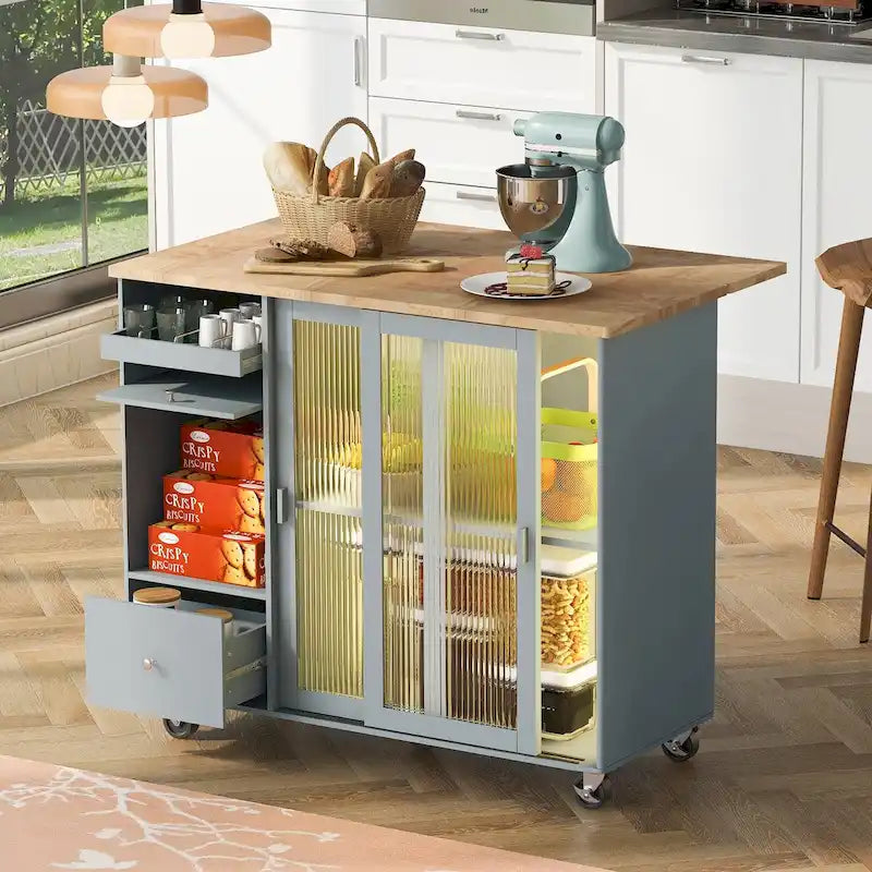 Desserte de cuisine roulante avec portes coulissantes en verre cannelé à éclairage LED, abattant, gris-bleu