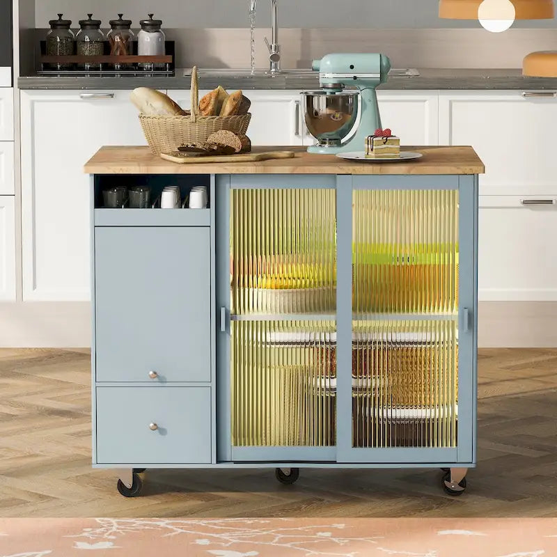 Desserte de cuisine roulante avec portes coulissantes en verre cannelé à éclairage LED, abattant, gris-bleu