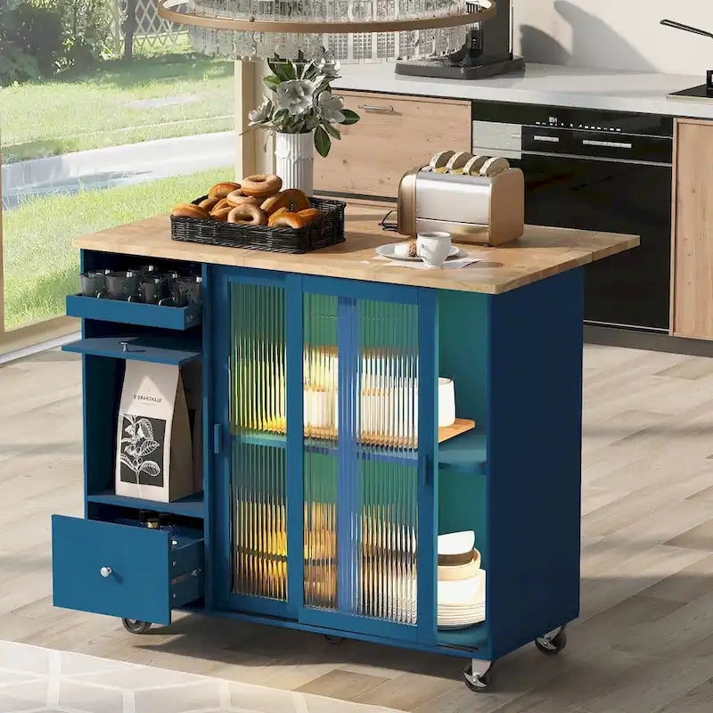 Desserte de cuisine roulante avec portes coulissantes en verre cannelé à éclairage LED, abattant, gris-bleu