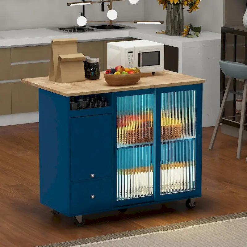 Desserte de cuisine roulante avec portes coulissantes en verre cannelé à éclairage LED, abattant, gris-bleu