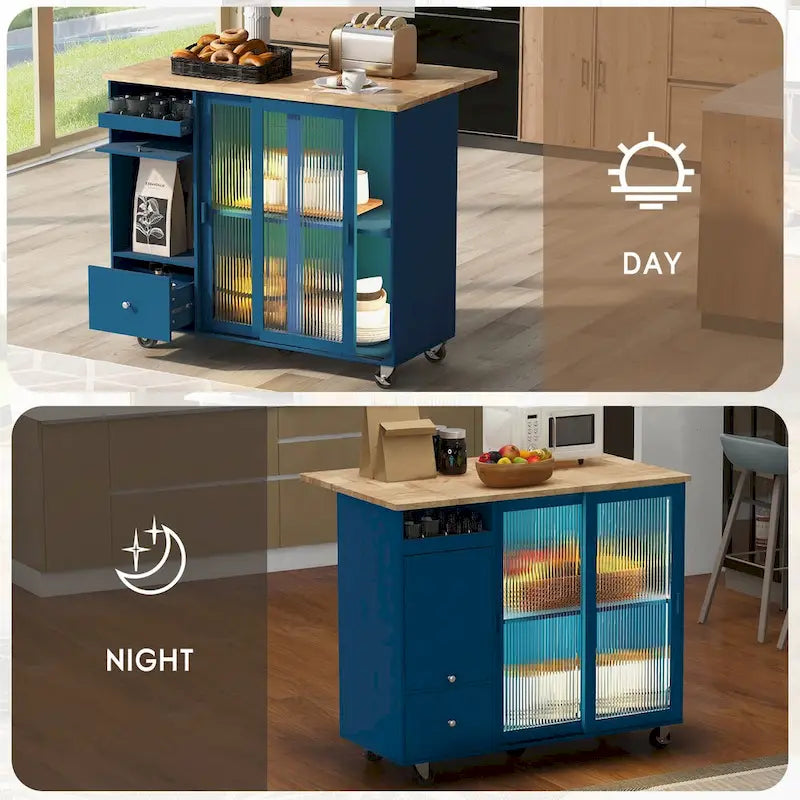 Desserte de cuisine roulante avec portes coulissantes en verre cannelé à éclairage LED, abattant, gris-bleu