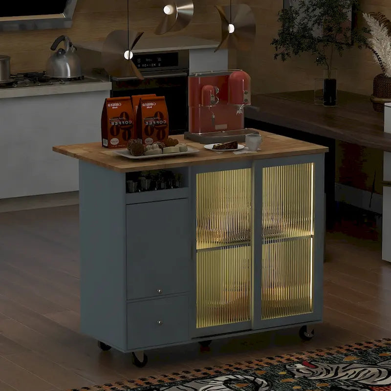 Desserte de cuisine roulante avec portes coulissantes en verre cannelé à éclairage LED, abattant, gris-bleu