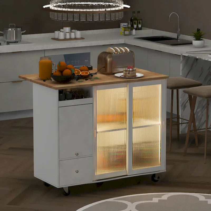 Desserte de cuisine roulante avec portes coulissantes en verre cannelé à éclairage LED, abattant, gris-bleu