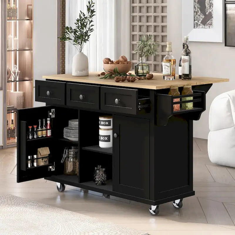 Desserte de cuisine roulante avec plateau rabattable en bois d'hévéa, 3 tiroirs, meuble noir