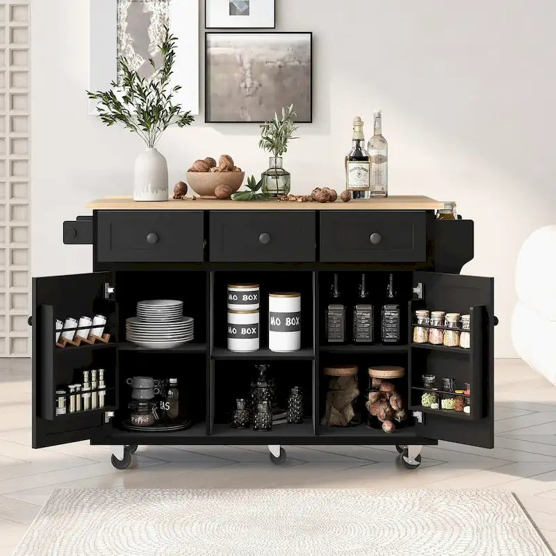 Desserte de cuisine roulante avec plateau rabattable en bois d'hévéa, 3 tiroirs, meuble noir