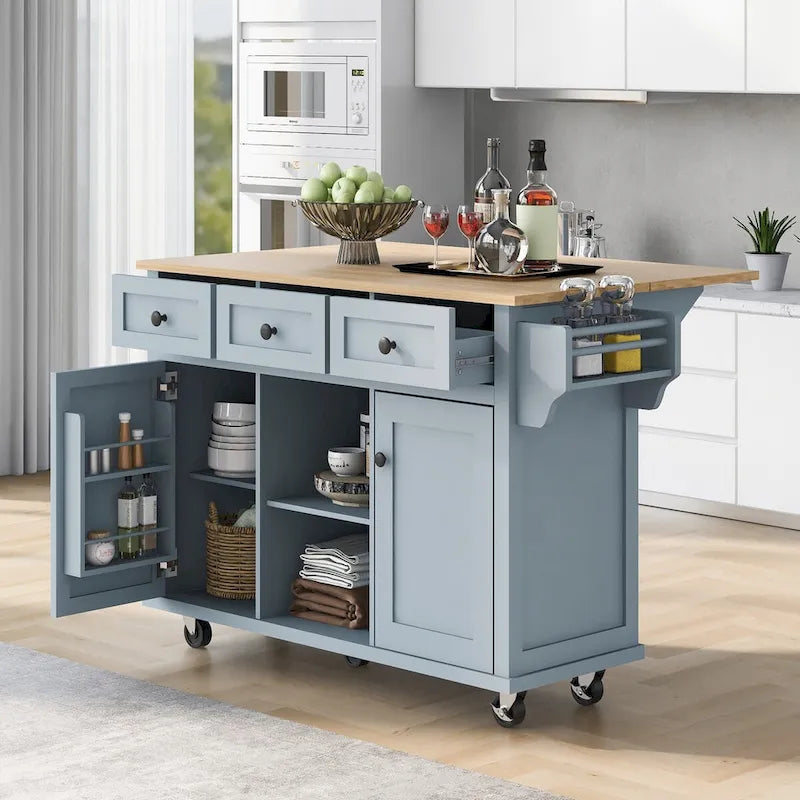 Desserte de cuisine roulante avec plateau rabattable en bois d'hévéa, 3 tiroirs, meuble noir