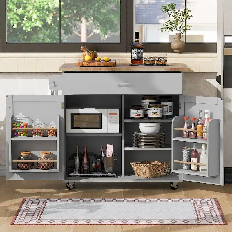 Desserte de cuisine moderne en bois d'hévéa avec tiroirs de rangement et porte-serviettes, Gris/Blanc