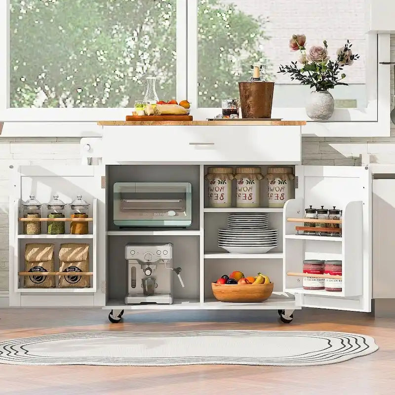 Desserte de cuisine moderne en bois d'hévéa avec tiroirs de rangement et porte-serviettes, Gris/Blanc