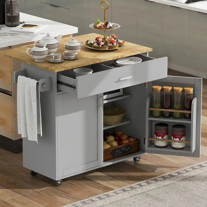 Desserte de cuisine moderne en bois d'hévéa avec tiroirs de rangement et porte-serviettes, Gris/Blanc